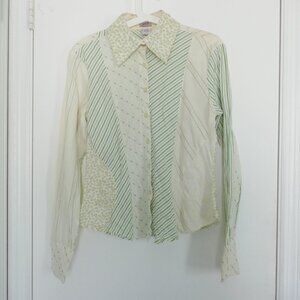 NWOT Gelli cream and green long sleeve button down collared shirt size L